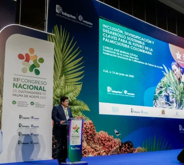 orador en un podio dando una presentación en el escenario del "53° Congreso Nacional de Cultivadores de Palma de Aceite 2025"